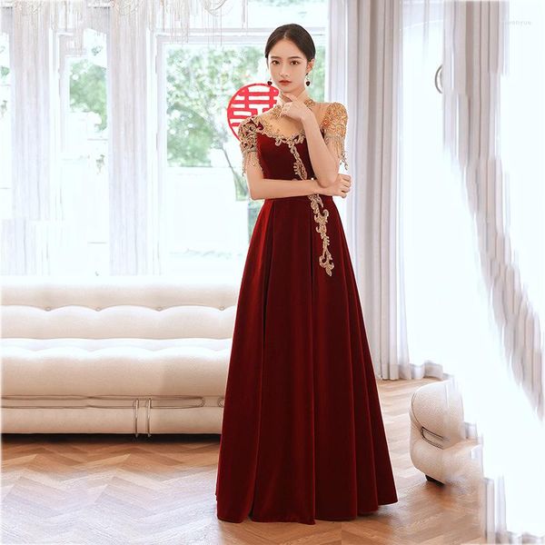 Abbigliamento etnico Colletto alla coreana Abito da cerimonia formale in pizzo cheongsam Abito da sposa in velluto cinese con nappe A-Line Abiti eleganti