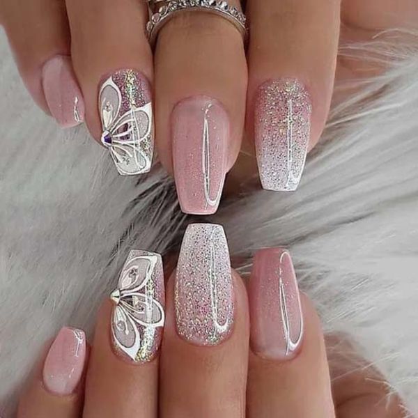 Unhas de acrílico rosa quente Pressione no ombre brilha dicas de unhas vestíveis dicas de água borboleta diamante gradual unhas de arte a granel