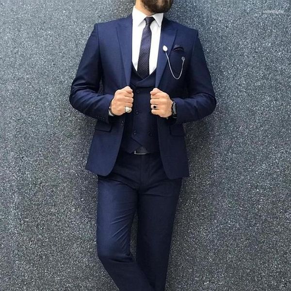 Ternos masculinos Blazers masculinos slim fit formal masculino lapela pontiaguda 3 peças marinho casamento noivo smoking jaqueta masculina com colete de peito duplo