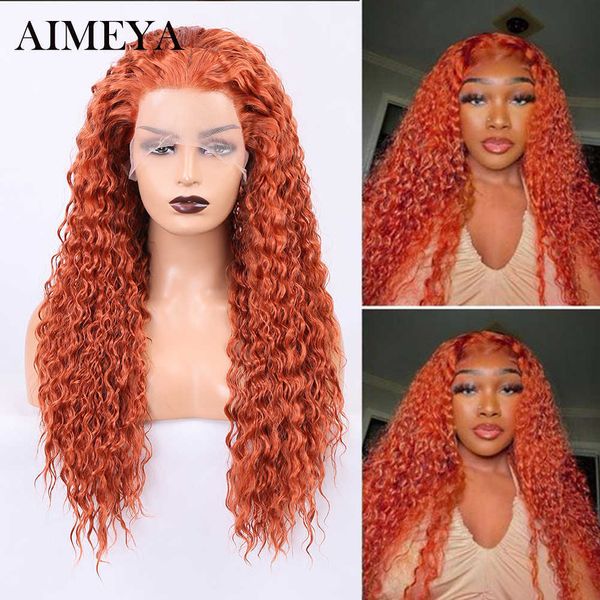 Оранжевый имбирь Синтетические парики шнурка для чернокожих женщин Кудрявый вьющийся парик Парик фронта шнурка Высокотемпературное волокно Косплей Парики Ежедневно используется 230524