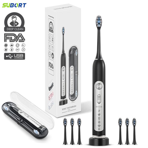 Escova de dentes SUBORT Sonic Electric Toothbrushs Adult Smart Timer Brush 5 Mode Recarregável Whitening IPX7 À Prova D' Água 6 Cabeças 230627