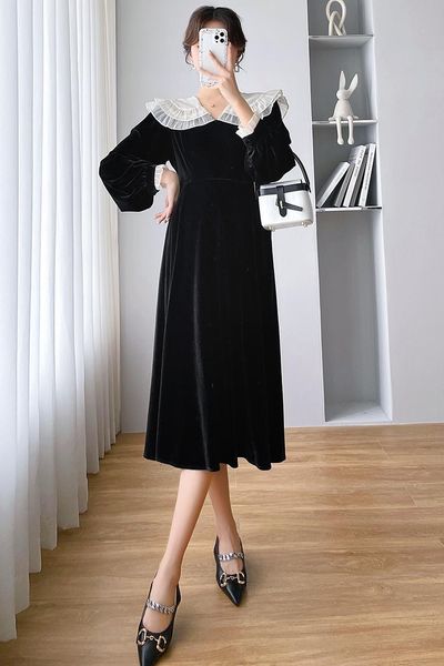 Kleid 8279# Herbst Winter Koreanische Mode Mutterschaft Lange Kleid Rüschen Spitze O Neck A-linie Schlanke Kleidung für Schwangere Frauen schwangerschaft Ins