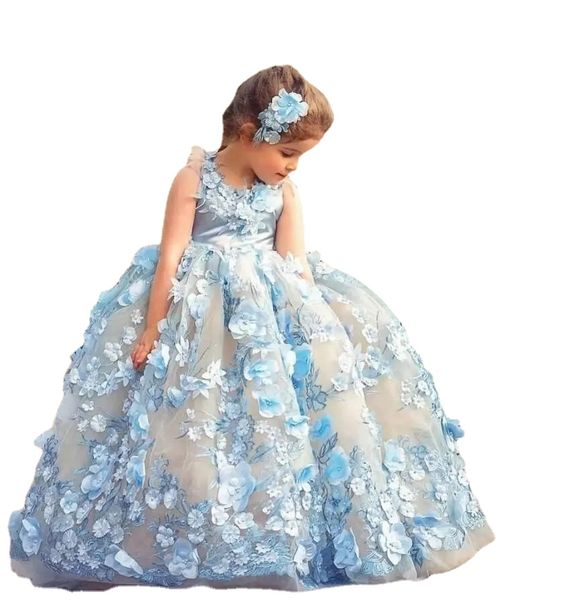 Lindo vestido de baile princesa vestidos de florista para casamento 3d floral apliques infantil vestidos de desfile comprimento até o chão plffy tule crianças baile de finalistas c0601g26