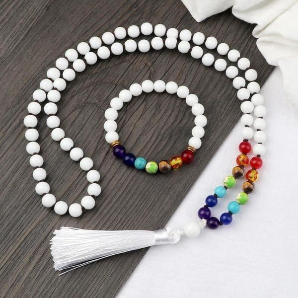 Colar Brincos Conjunto Natural 6MM 8MM Porcelana Branca Colar Chakra FrisadoBangle Feminino Masculino Yoga Casal Cura Energética Pulseira