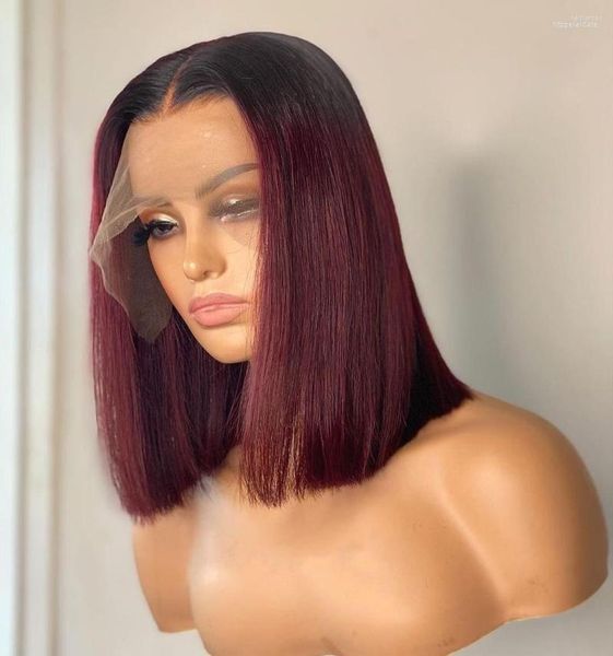 Short Bob 13x6 4x4 Lace Front Wig 1B 99J Liso Borgonha Cabelo Humano Brasileiro Ombré Vinho Tinto Remy PrePlucked 180 Densidade