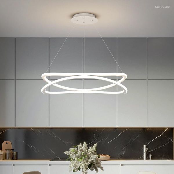 Lampade a sospensione Lampadari a soffitto a LED per soggiorno, camera da letto, cucina, moderne, semplici, design ad anello bianco, luci sospese