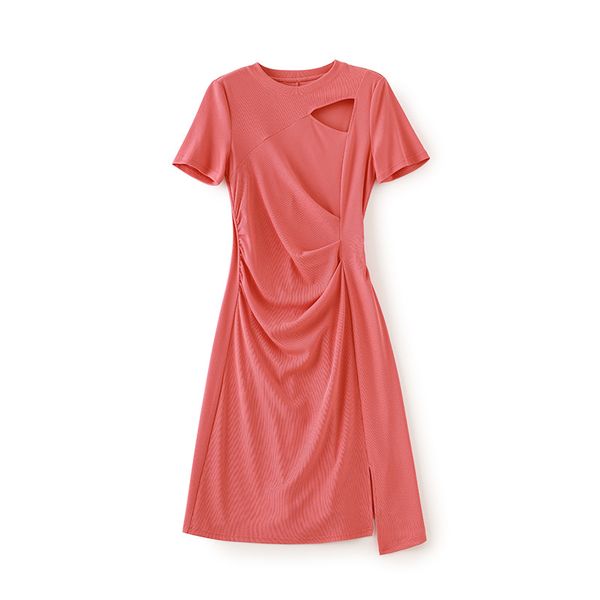 2023 Verão Rosa Vestido Cor Sólida Manga Curta Decote Redondo até o Joelho Vestidos Casuais W3L044309