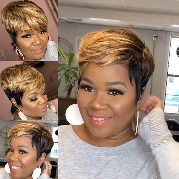 Parrucche sintetiche WIGERA Highlight Short Straight Pixie Cut Hair Bob Wig Honey Gold Mix Black For Woman 230627