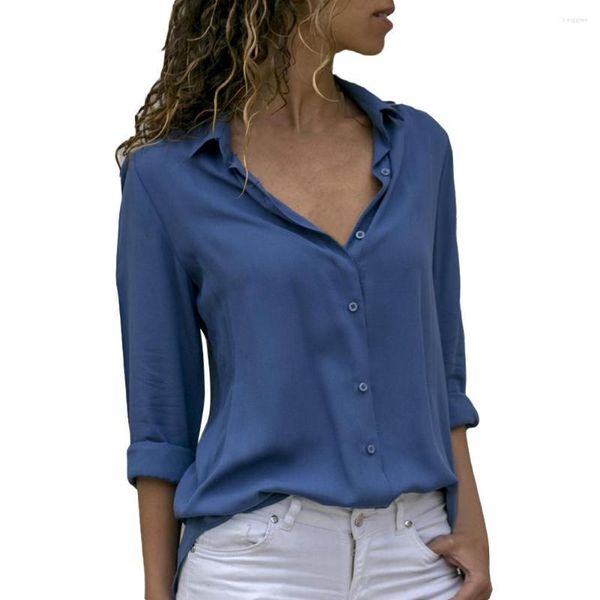 Blusas Femininas Moda Blusa Feminina Chiffon Camisa Sólida Escritório Senhoras Simples Manga Rolo Tops Damas Chemisier Feminino Mulheres