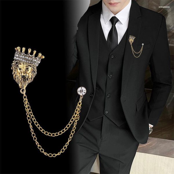 Broches punk retro em forma de leão broche para homens e mulheres moda animal coroa padrão pin com strass jóias acessórios presente
