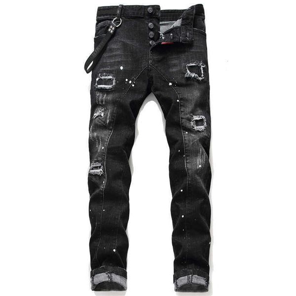 Jeans Masculino Calça Jeans Street Trend com Zíper Corrente Decoração Rasgado Preto Fashion Fit Lavado Motocicleta Jeans Calças com Painéis Christmas Plus Gfr