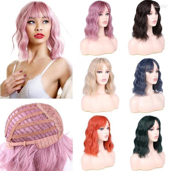 Parrucche sintetiche MTMEI Parrucca per capelli corti a onde naturali con frangia rosa biondo marrone arancione per le donne cosplay di feste quotidiane