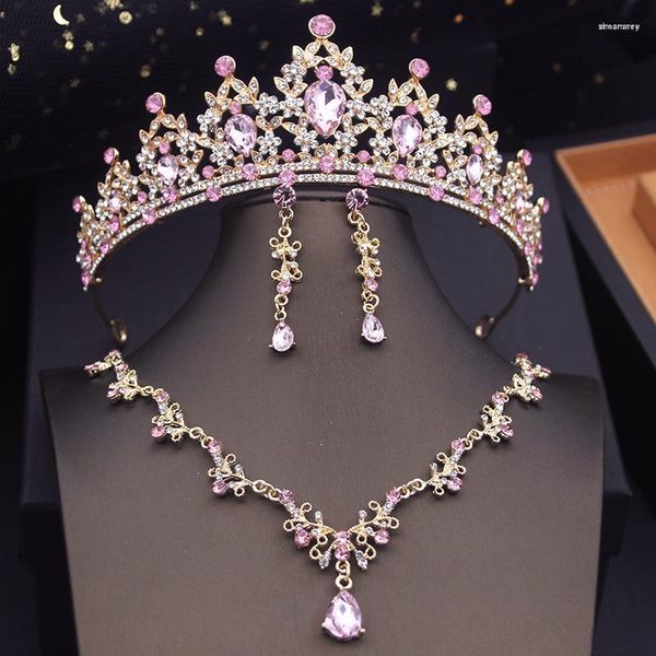 Halskette Ohrringe Set Prinzessin Rosa Krone Braut Für Frauen Tiaras Halsband Sets Hochzeitskleid Abschlussball Braut Schmuck Zubehör