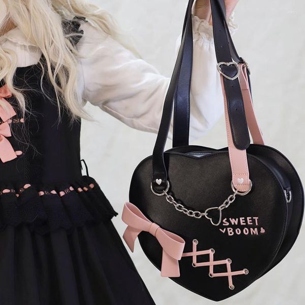 Sacos de noite MBTI Sweet Lolita Shoulder Bag Love Heart Shape Fashion Kawaii Bow Luxury Designer Handbag Chains Pu Leather Cute Feminino