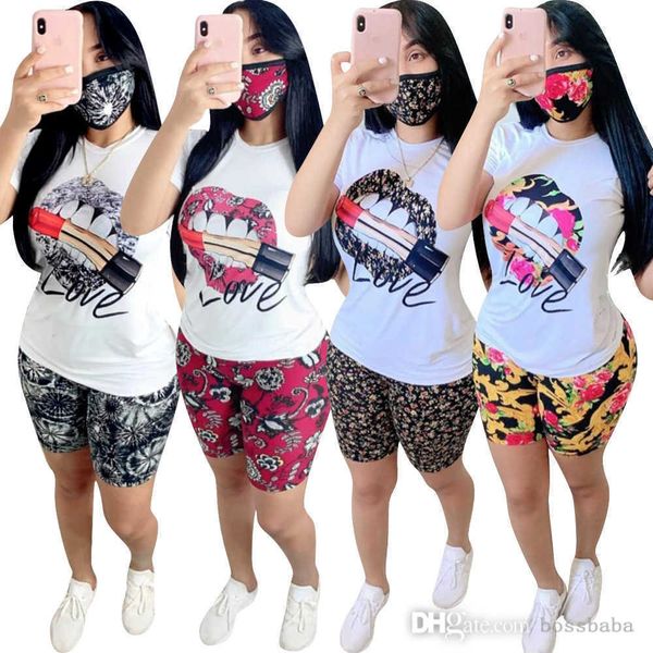 Bayan Sıradan Takipler Moda Yaz Şortları Lady Sports Pantolon 2 Parçası Set Dudak Baskılı T-Shirt Kısa Kol Kıyafetleri Artı Boyut S-XXL