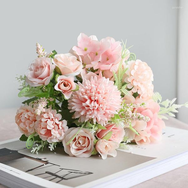 Flores decorativas 1 ramo de 7 rosas buquê de seda rosa peônia flor artificial decoração de casa de casamento nupcial
