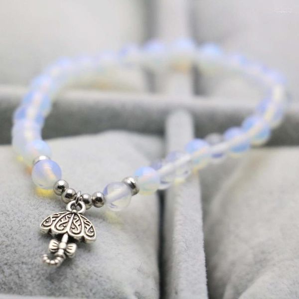 Charm Bracelets 6mm Classic Opal Beads Chalcedony Natural Stone Bracelet Hand Chain For Women Girls Pingente Tibet Silvercolor Guarda-chuva