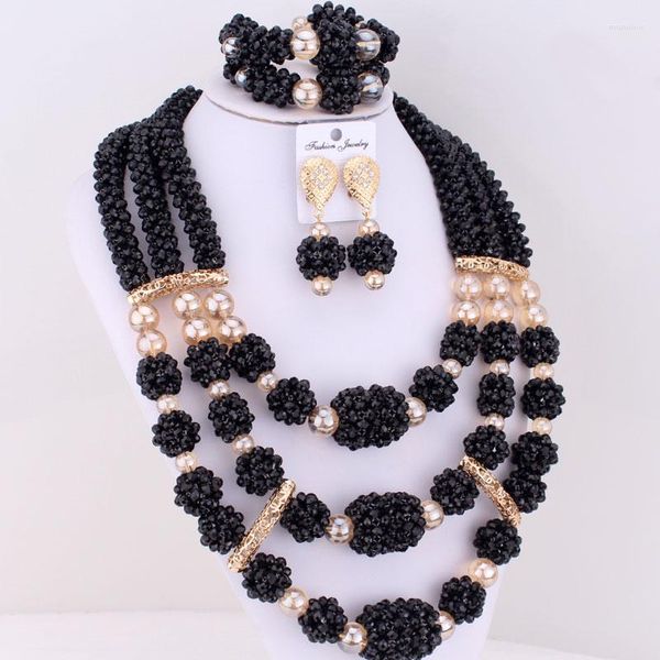 Collana Orecchini Set 4UJewelry Perline africane nere per donne Sfere di cristallo Costume da sposa