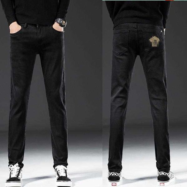 Мужские джинсы дизайнер Medusa чистый черный шаг в мужские джинсы прямого кроя облегающего кроя на осень и зиму высокая эластичность международного бренда RPLQ