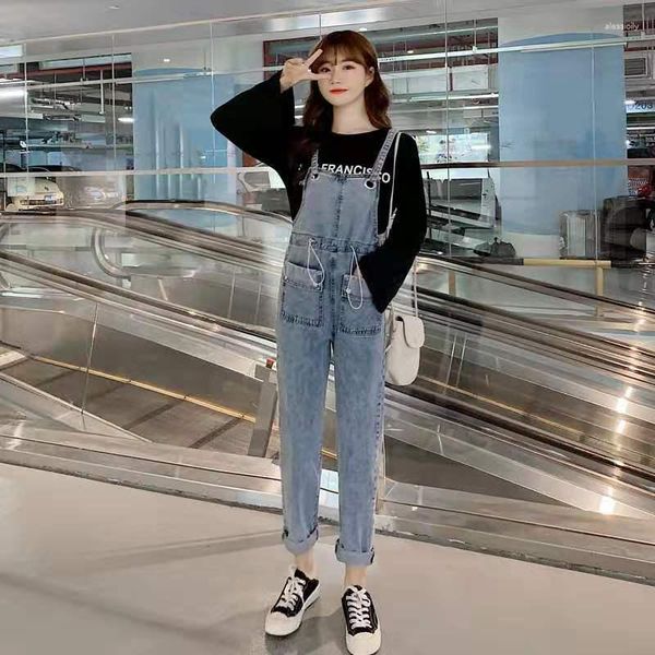 Damen Jeans Frauen Overall mit Taschen Denim insgesamt Herbst Winter lose gerade Strampler weibliche Hosenträger beiläufige lange Hose T556