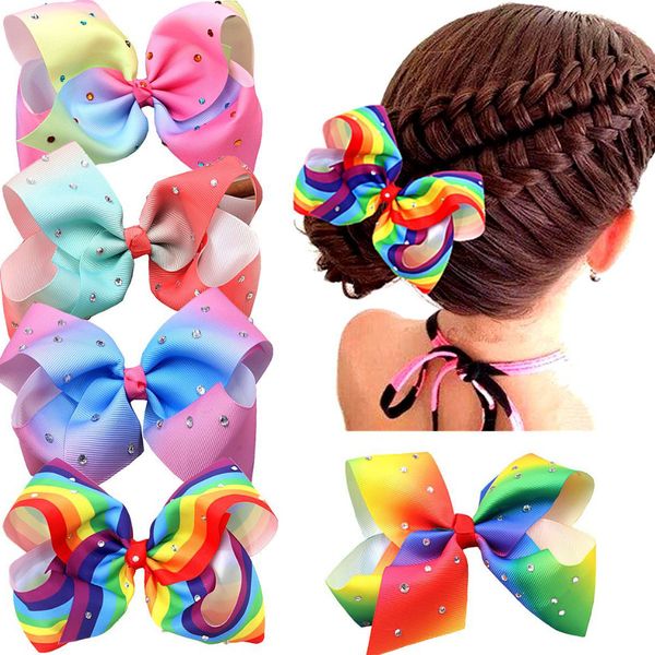 Accessori per fermagli per capelli da 6 pollici per bambini - Forcina con fiocco arcobaleno - Copricapo con strass sfumato - Varietà di stili disponibili