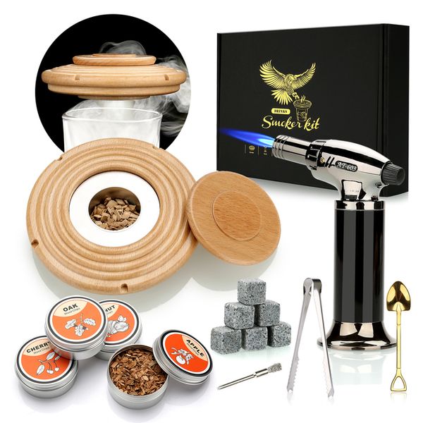 Bicchieri da vino Cocktail Smoker Kit con torcia 4 trucioli di legno Pietre di whisky Cucchiaio Ice Tong Accessori senza butano per barista 230627