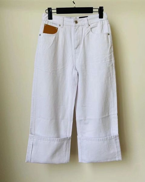 Designer jeans mulheres bordado anagrama feminino denim pescador algemado primavera moda cintura alta perna larga flare calças retas estilo casual solto calças brancas