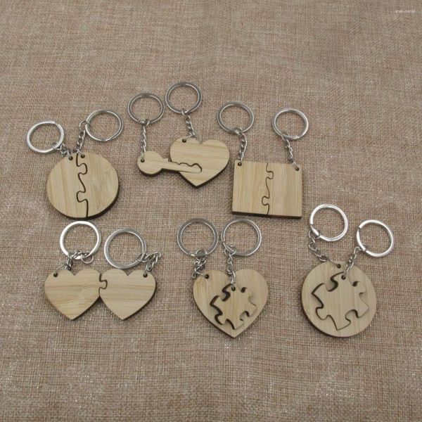 Chaves um par um par em branco Coração de madeira Puzzle Casal de chaves Love Circle Square Wood Key Ring Gifts Jóias para gravar