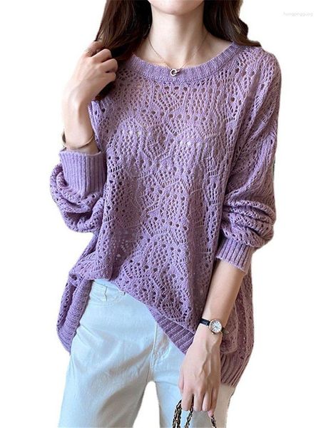 Frauenpullover 2023 Korean Hollow Out Sommer lose gestrickte Pullover Tops Mode dünne Pull Jumper Gelb O-Ausschnitt Mesh Damen Shirt