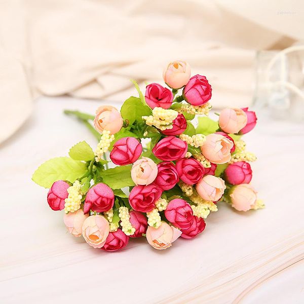 Flores decorativas 1 ramo 15 cabeças rosa artificial faça você mesmo buquê de flores para casamento chá de panela decoração de mesa decoração de casa suprimentos