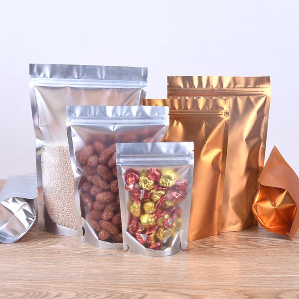 Stand Up Sacchetto di imballaggio con chiusura lampo in lamina di alluminio in plastica oro trasparente Borsa con cerniera termosaldata in mylar per confezione al dettaglio di fagioli snack