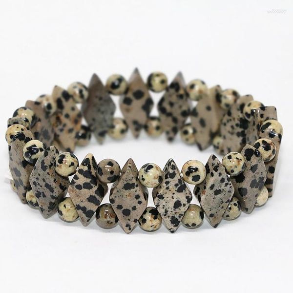 Strand Natural Dalmation Dot Stone Horse-eyes Shape 10 22mm Vintage Bracelet For Women Fashion Gift Elastic Jewelry 7.5inch B1700