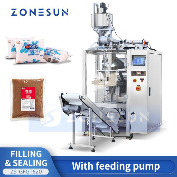 ZONESUN Salsa automatica VFFS Confezionatrice Pasta Riempimento e sigillatura Attrezzatura Bustina liquida Bustina Pompa a pistone ZS-GFGT620