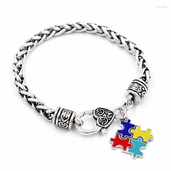 Charm Bracelets Autism Awareness Puzzle Pieces Pulseira Colorida Esmalte Jigsaw Pingentes Antigo Banhado A Prata Para Homens Mulheres