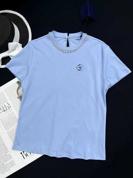 Женская футболка дизайнерская Лето Новый стиль для девочек Простой и стильный, стройный, уменьшающий возраст бусина для ногтей Кристалл Ожерелье Футболка с коротким рукавом с принтом QDG1