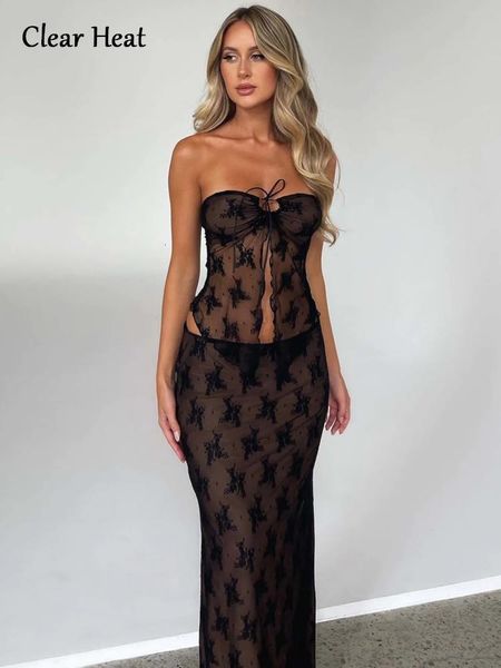 Zweiteiliges Kleid mit Spitzendruck, sexy Mesh-durchsichtiger Rock-Set für Frauen, durchsichtig, trägerloses Crop-Top, passender Anzug, weiblicher Nachtclub, Party 230627