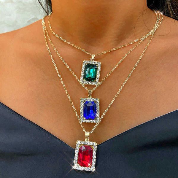 Colares com Pingente Fashion Red Green Square Crystal Necklace for Women Men Gold Color Twisted Chain Choker Luxury Jewelry Gift 230613