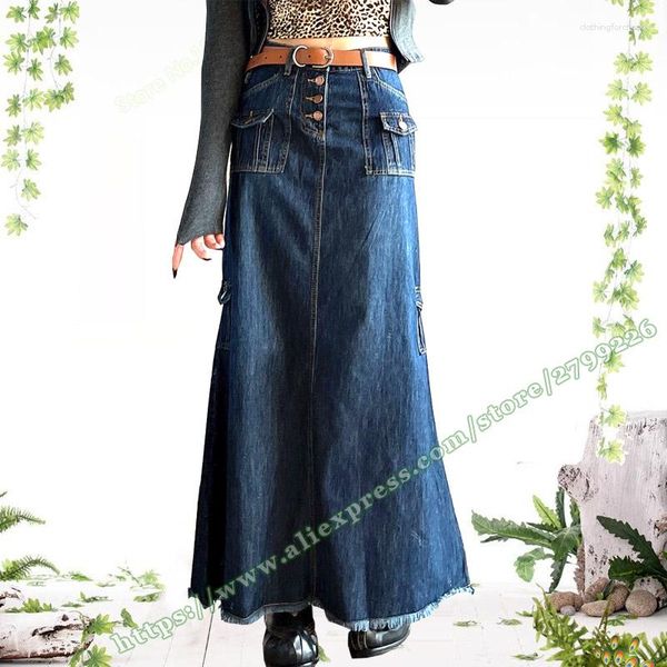 Юбки Джинсовая макси-юбка с разрезом Корейская мода Прямая пуговица Тонкий женский рыбий хвост