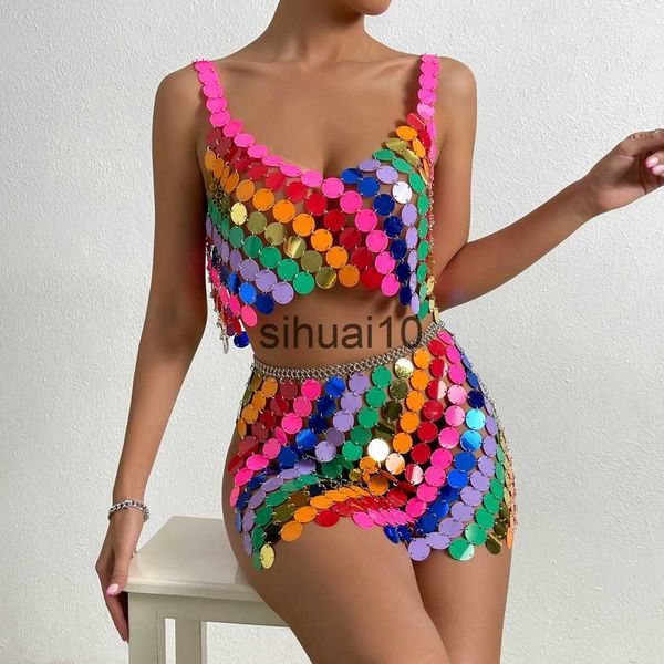 Camiseta Feminina Sexy Colorida Glitter Lantejoulas Camis Halter Body Corrente Feminina Feminina Saia Oca Biquíni Corrente de Sutiã Nightciub Joias de Festa J230627