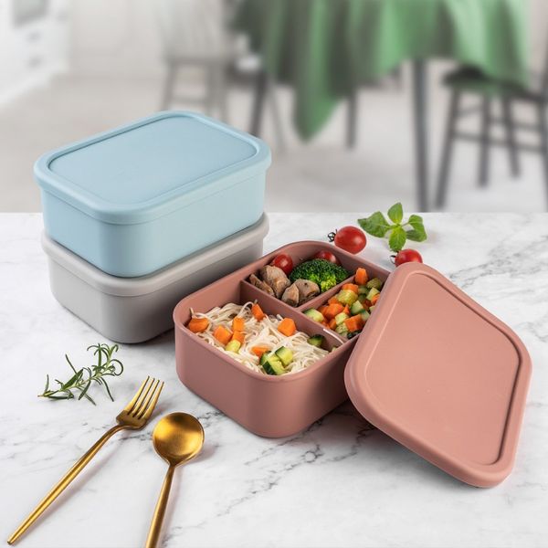 Lancheiras para Crianças Forno de Microondas Bento Box Silicone Lancheira para Viagem Ao Ar Livre Portátil Retangular Recipiente de Armazenamento de Alimentos de Três Células Louça