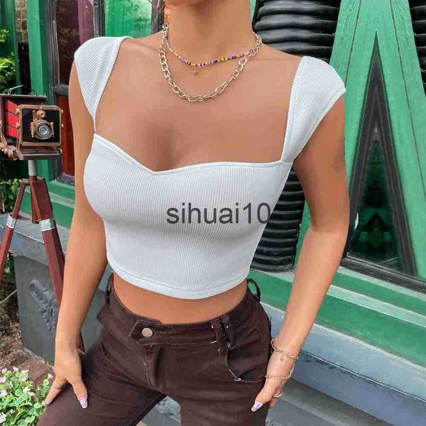 T-shirt da donna in maglia maglione top bianco donna crop top slim collo quadrato t-shirt senza maniche gilet top collo a cuore costina maglia crop tee J230627