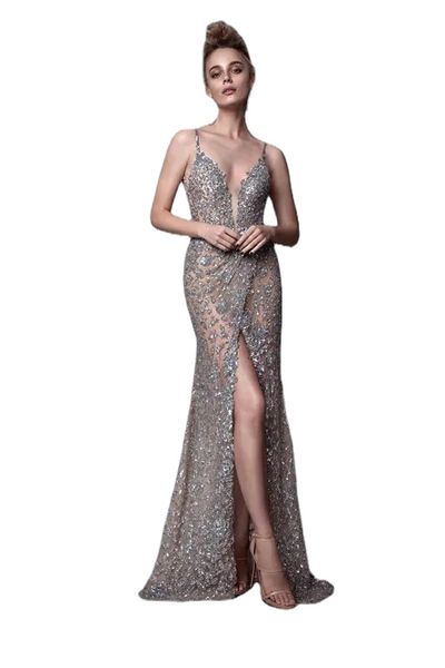 Berta Sexy Vestidos Formais Noite Com Strass Dividido Sem Mangas Decote Profundo Vestido De Baile Sem Costas Longo Vestidos Sereia Convidados