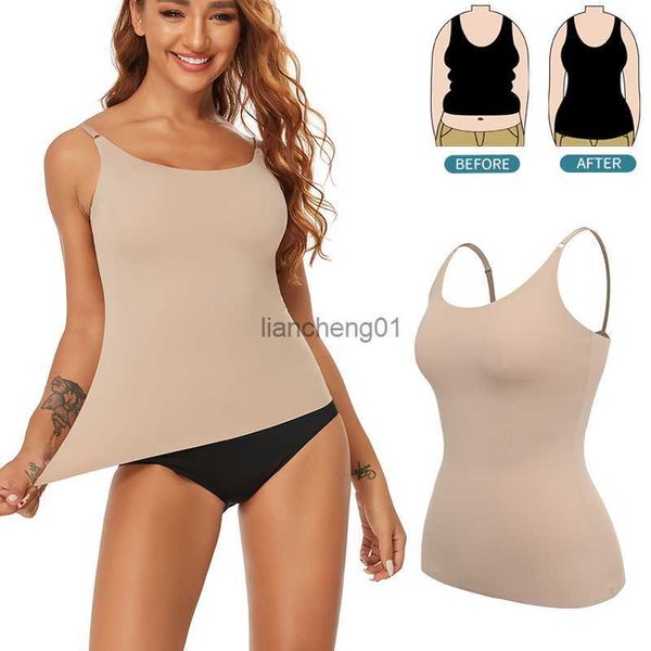 Tops modeladores sem costura de verão feminino com controle de barriga liso modelador de corpo camisola preta sem mangas colete de compressão de barriga fina L230619