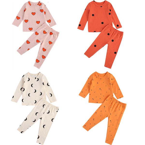 Conjuntos de roupas pudcoco primavera outono pijamas infantis de duas peças estrela lua ponto coração padrão gola redonda manga comprida terno para crianças de 6m a 4 anos 230626
