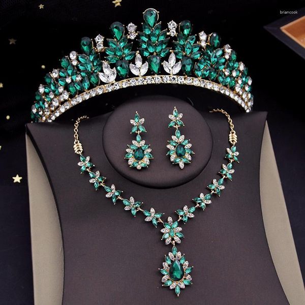 Collana Orecchini Set Corona di cristallo verde per le donne Diademi da sposa Orecchino da sera Abito da sposa Accessorio per gioielli da sposa