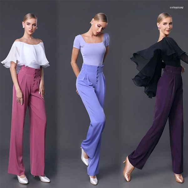 Roupas de palco 3 cores dança latina calças modernas para mulheres cintura alta perna larga roupas de prática salão de baile SL7331