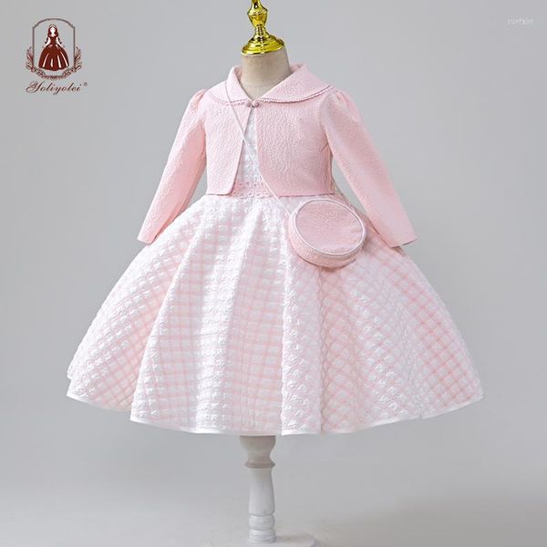 Mädchenkleider Yoliyolei 3D-Muster Stoff 3-teiliges Kleiderset für 6 Jahre Herbst Frühling Langarm Flauschige Kinder Mädchen Jacke 2-7