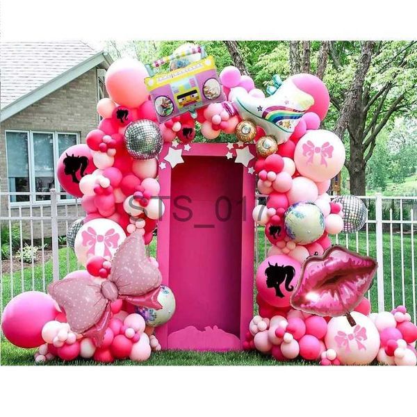 Appendiabiti Rosa Principessa Tema Palloncino Ghirlanda Arco Kit Foil Disco Palloncini 4D Decorazioni per matrimoni da sposa Festa di compleanno per ragazze Baby Shower Decor x0710