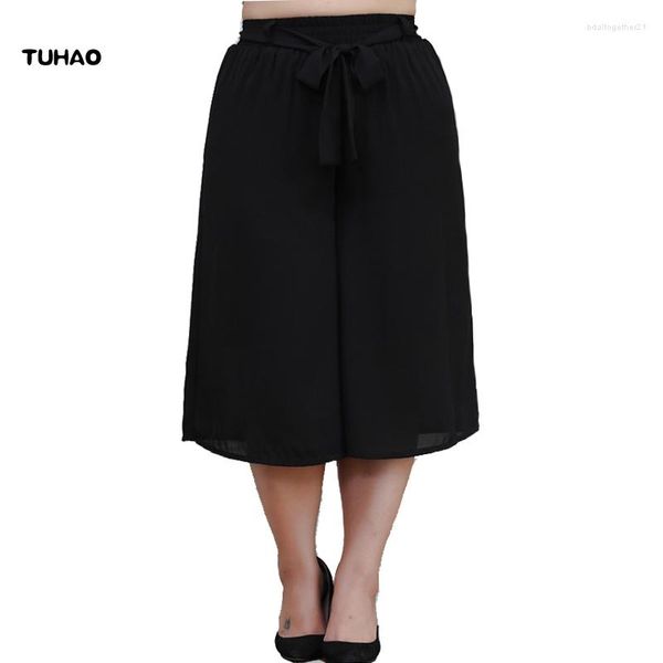 Calças femininas TUHAO Summer Women Chiffon Wide Leg Plus Size 10XL 8XL 6XL Bow Tie Elástico Cintura Calças Soltas Para Feminino MS68