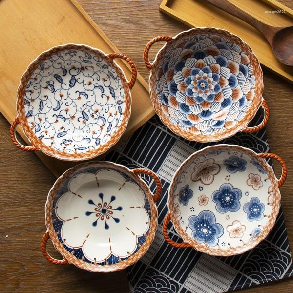 Set di stoviglie Serie di viti giapponesi Ciotola per minestra a sfera con doppio orecchio Famiglia Internet Noodle in ceramica rossa Ins Vento Alta bellezza